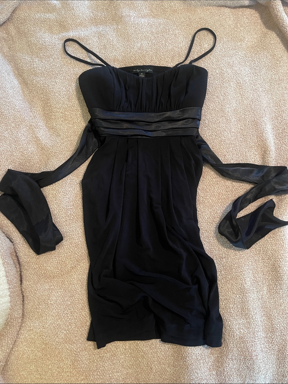 City Triangles Black Spaghetti-Strap Mini Dress with Satin Sash